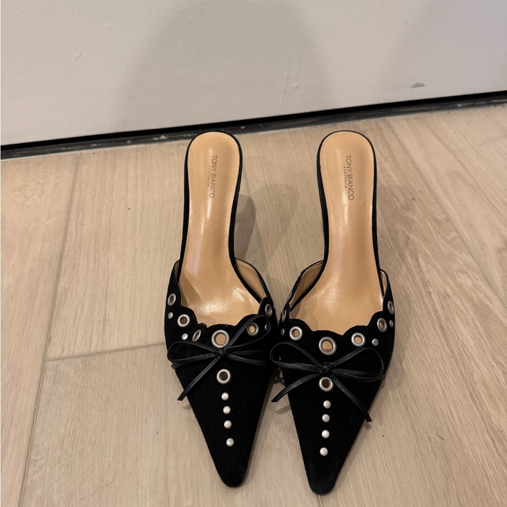 Tony Bianco Black Pointed-Toe Mules with Studs